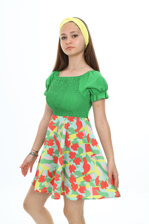 Kız Çocuk Yaz Renkleri Desenli -Büzgü Detaylı Elbise 6-13 Yaş 9281