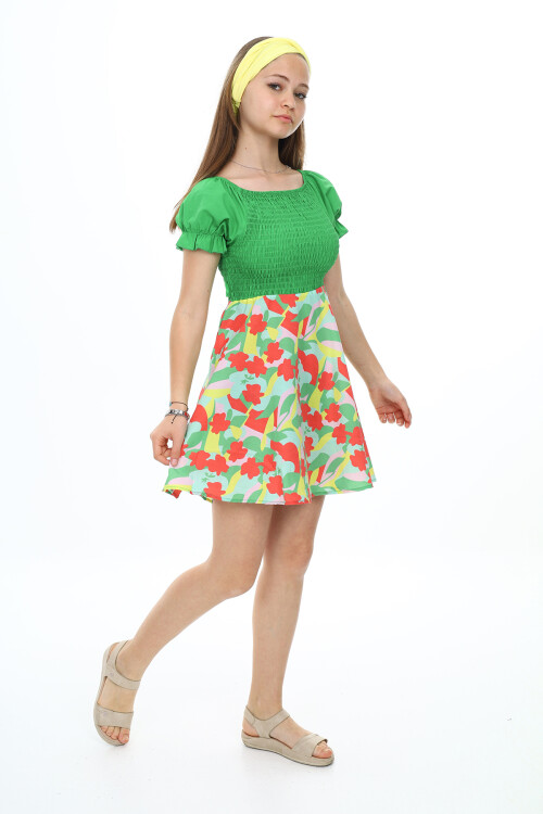 Kız Çocuk Yaz Renkleri Desenli -Büzgü Detaylı Elbise 6-13 Yaş 9281