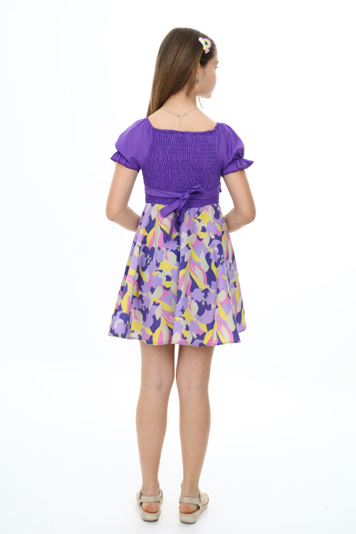 Kız Çocuk Yaz Renkleri Desenli -Büzgü Detaylı Elbise 6-13 Yaş 9281