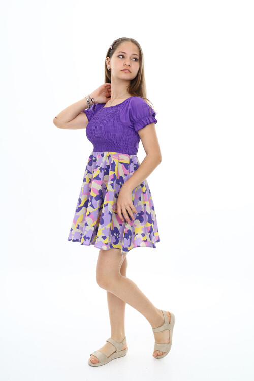 Kız Çocuk Yaz Renkleri Desenli -Büzgü Detaylı Elbise 6-13 Yaş 9281