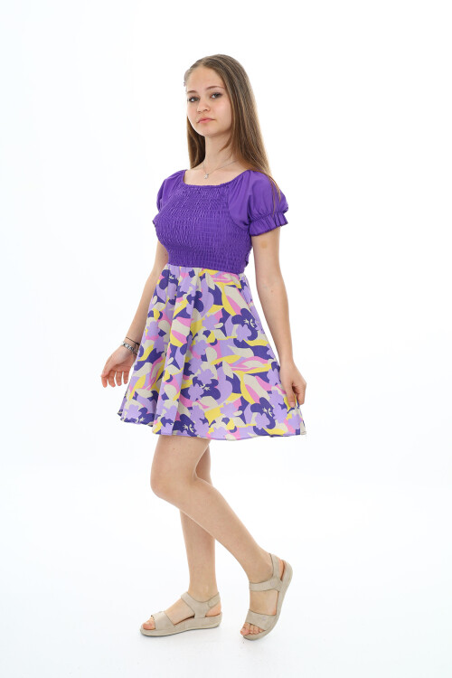 Kız Çocuk Yaz Renkleri Desenli -Büzgü Detaylı Elbise 6-13 Yaş 9281