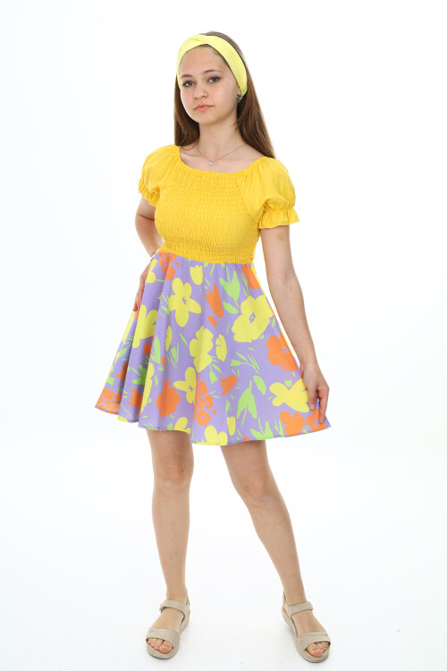 Kız Çocuk Yaz Renkleri Desenli -Büzgü Detaylı Elbise 6-13 Yaş 9281