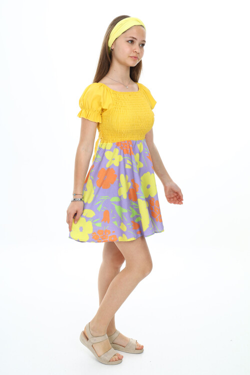 Kız Çocuk Yaz Renkleri Desenli -Büzgü Detaylı Elbise 6-13 Yaş 9281