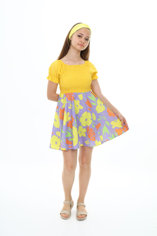 Kız Çocuk Yaz Renkleri Desenli -Büzgü Detaylı Elbise 6-13 Yaş 9281
