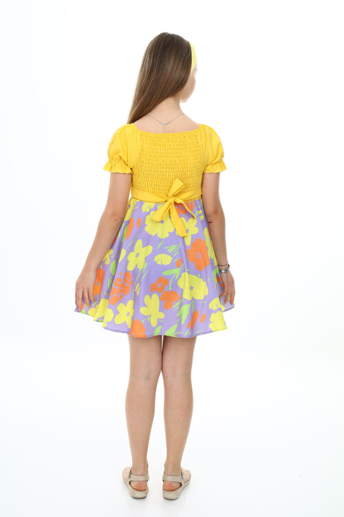 Kız Çocuk Yaz Renkleri Desenli -Büzgü Detaylı Elbise 6-13 Yaş 9281