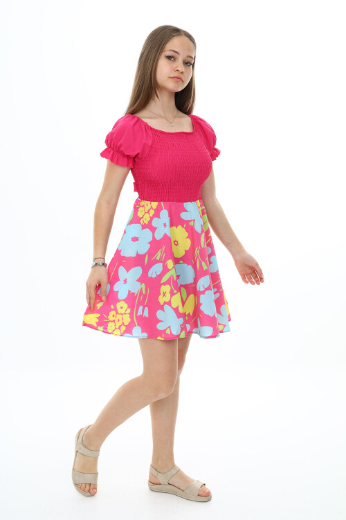Kız Çocuk Yaz Renkleri Desenli -Büzgü Detaylı Elbise 6-13 Yaş 9281
