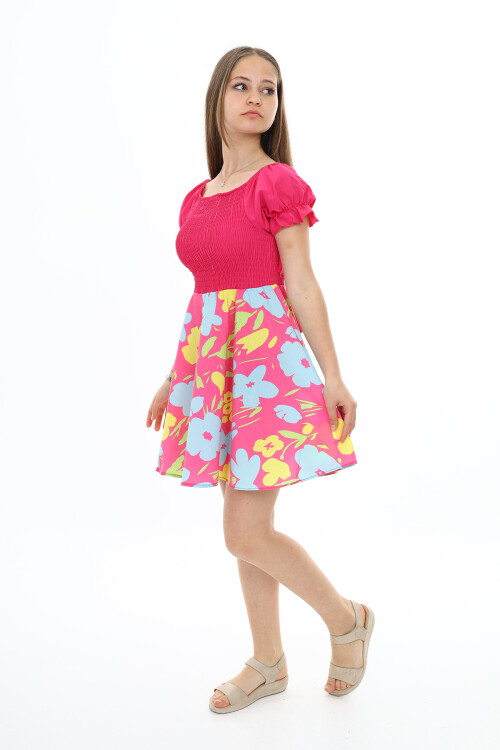 Kız Çocuk Yaz Renkleri Desenli -Büzgü Detaylı Elbise 6-13 Yaş 9281