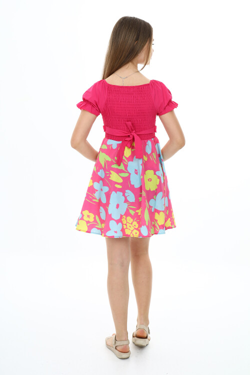 Kız Çocuk Yaz Renkleri Desenli -Büzgü Detaylı Elbise 6-13 Yaş 9281