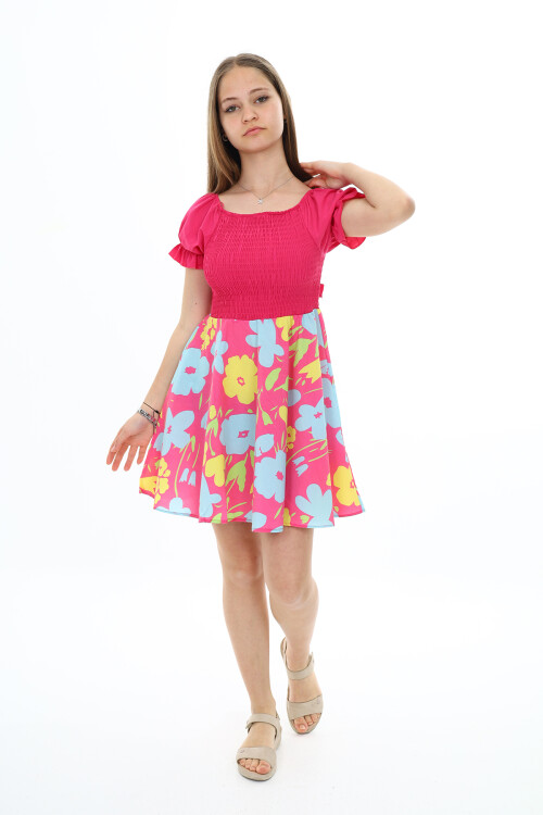 Kız Çocuk Yaz Renkleri Desenli -Büzgü Detaylı Elbise 6-13 Yaş 9281