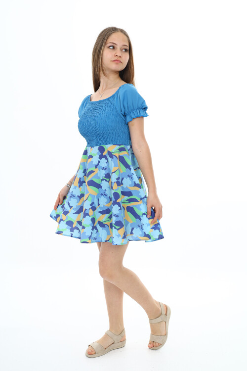 Kız Çocuk Yaz Renkleri Desenli -Büzgü Detaylı Elbise 6-13 Yaş 9281