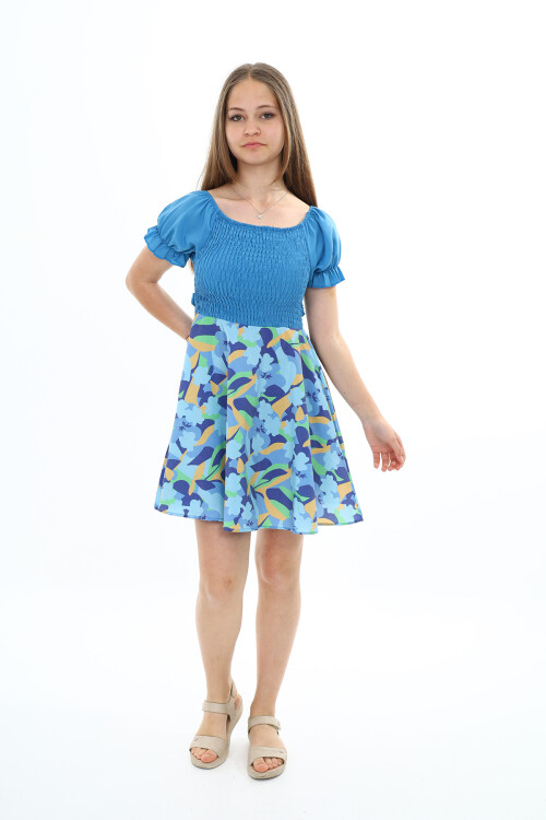 Kız Çocuk Yaz Renkleri Desenli -Büzgü Detaylı Elbise 6-13 Yaş 9281