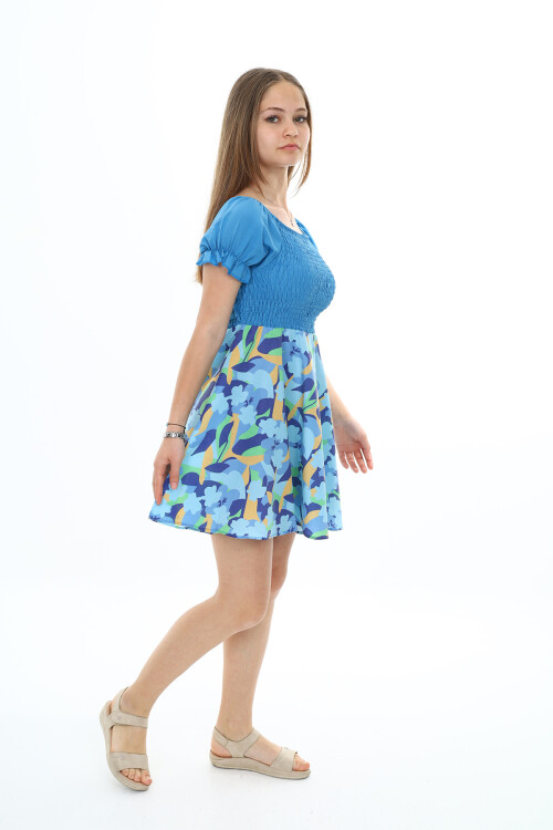 Kız Çocuk Yaz Renkleri Desenli -Büzgü Detaylı Elbise 6-13 Yaş 9281