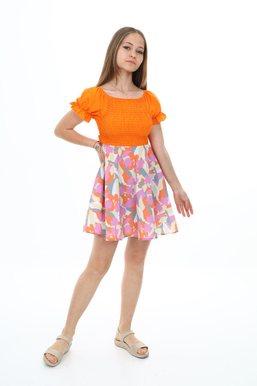 Kız Çocuk Yaz Renkleri Desenli -Büzgü Detaylı Elbise 6-13 Yaş 9281