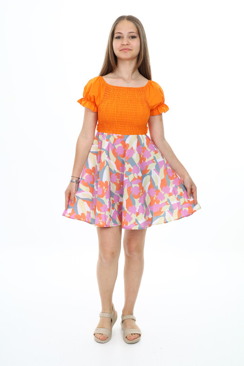 Kız Çocuk Yaz Renkleri Desenli -Büzgü Detaylı Elbise 6-13 Yaş 9281