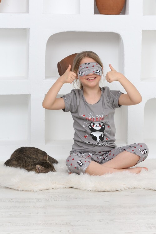 Kız Çocuk Uyku Bantlı-Kaprili-Panda Baskılı Pijama Takımı 3-15 Yaş 6112-14