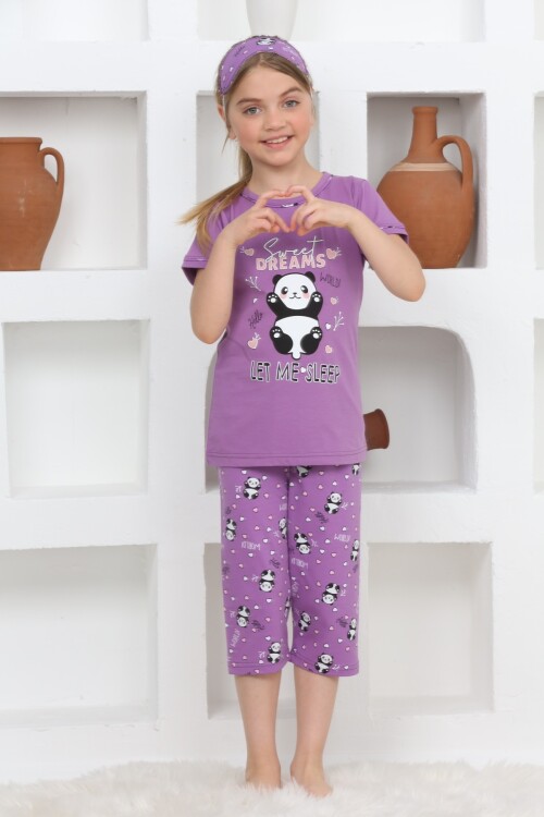 Kız Çocuk Uyku Bantlı-Kaprili-Panda Baskılı Pijama Takımı 3-15 Yaş 6112-14