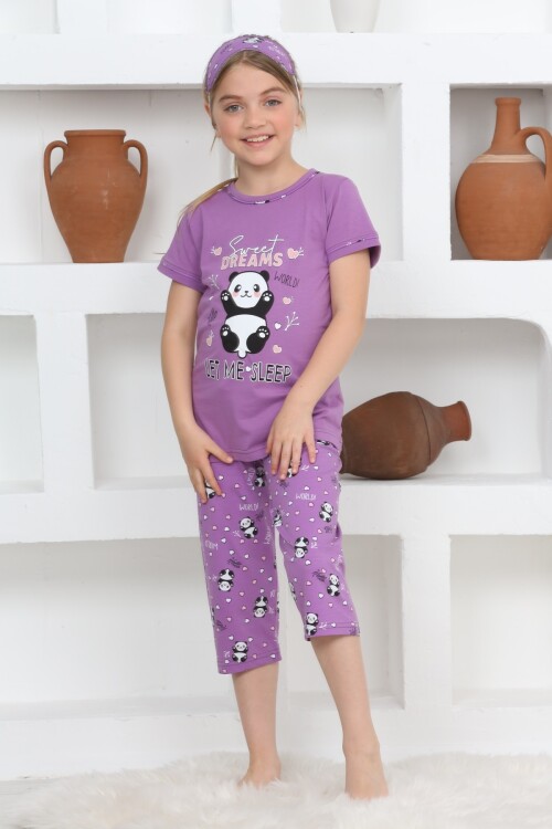 Kız Çocuk Uyku Bantlı-Kaprili-Panda Baskılı Pijama Takımı 3-15 Yaş 6112-14
