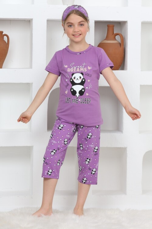Kız Çocuk Uyku Bantlı-Kaprili-Panda Baskılı Pijama Takımı 3-15 Yaş 6112-14