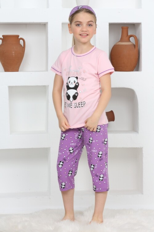 Kız Çocuk Uyku Bantlı-Kaprili-Panda Baskılı Pijama Takımı 3-15 Yaş 6112-14