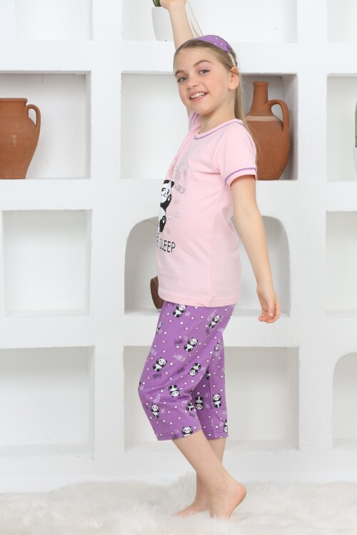 Kız Çocuk Uyku Bantlı-Kaprili-Panda Baskılı Pijama Takımı 3-15 Yaş 6112-14