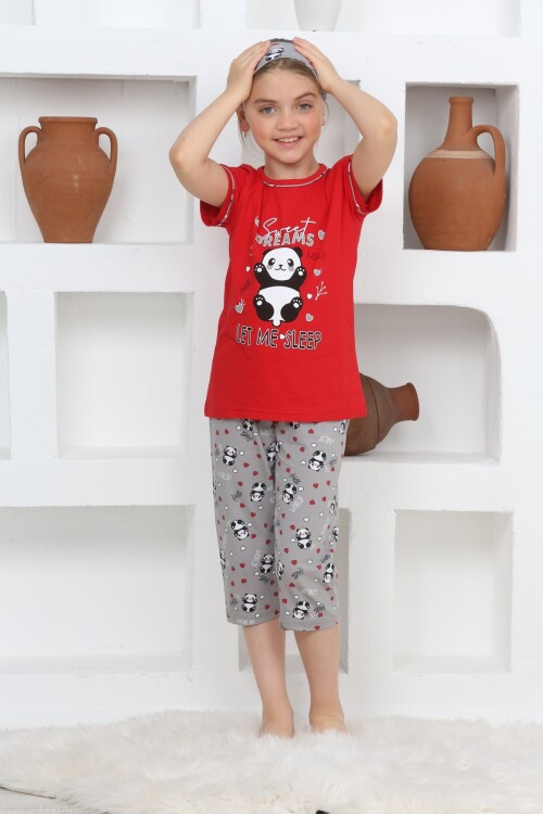 Kız Çocuk Uyku Bantlı-Kaprili-Panda Baskılı Pijama Takımı 3-15 Yaş 6112-14