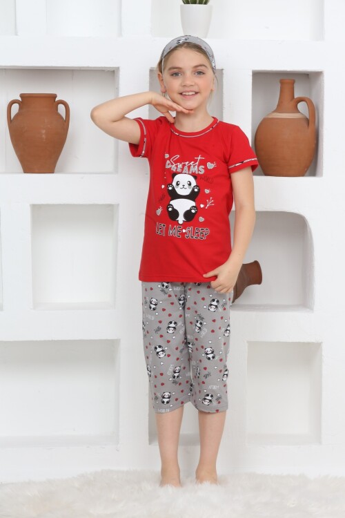 Kız Çocuk Uyku Bantlı-Kaprili-Panda Baskılı Pijama Takımı 3-15 Yaş 6112-14