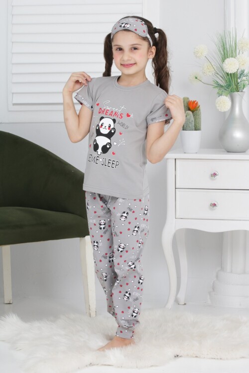 Kız Çocuk Uyku Bantlı-Pandalı Pijama Takımı 3-11 Yaş 6063-64