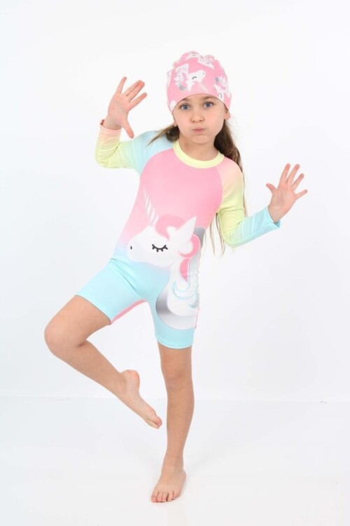 Kız Çocuk Yüzücü Şortlu Boneli 2 Parça Mayo Takımı 3-10 Yaş 028