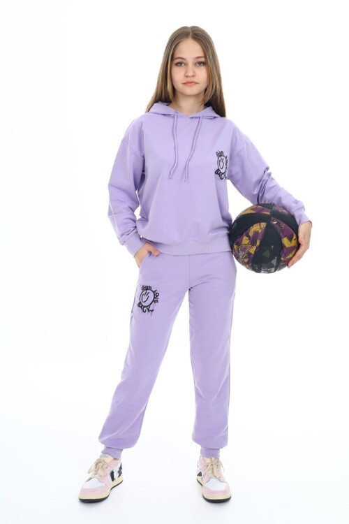 Kız Çocuk Arkası Baskılı Kapüşonlu 2 İplik Eşofman Takım Px 5051