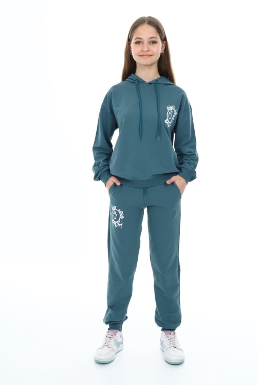 Kız Çocuk Arkası Baskılı Kapüşonlu 2 İplik Eşofman Takım Px 5051