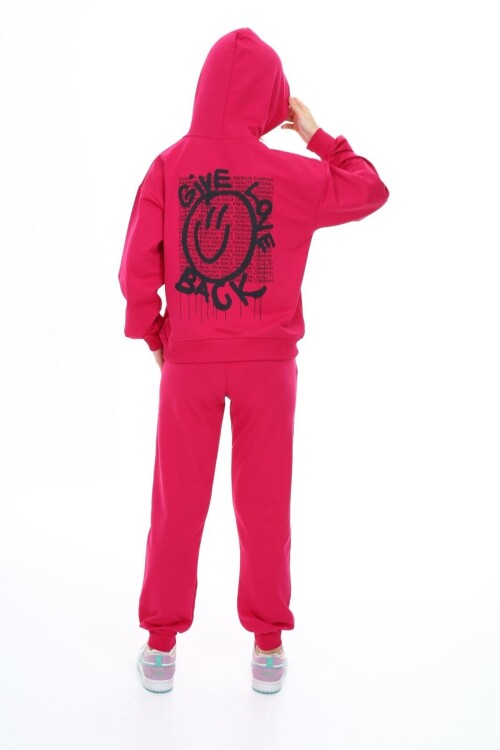 Kız Çocuk Arkası Baskılı Kapüşonlu 2 İplik Eşofman Takım Px 5051