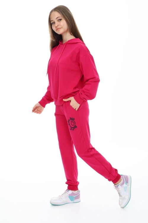 Kız Çocuk Arkası Baskılı Kapüşonlu 2 İplik Eşofman Takım Px 5051