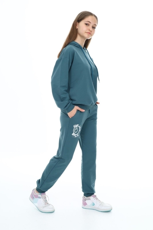 Kız Çocuk Arkası Baskılı Kapüşonlu 2 İplik Eşofman Takım Px 5051