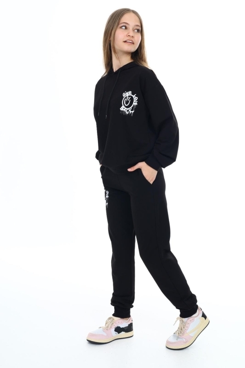 Kız Çocuk Arkası Baskılı Kapüşonlu 2 İplik Eşofman Takım Px 5051