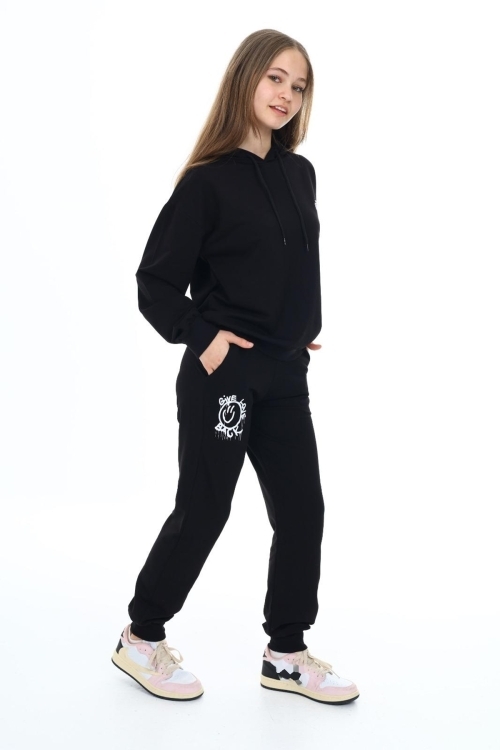 Kız Çocuk Arkası Baskılı Kapüşonlu 2 İplik Eşofman Takım Px 5051