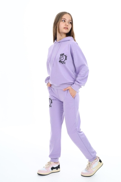 Kız Çocuk Arkası Baskılı Kapüşonlu 2 İplik Eşofman Takım Px 5051