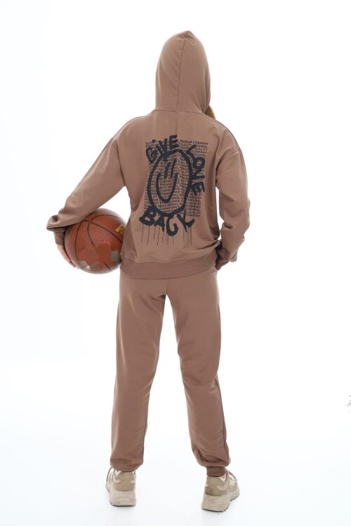 Kız Çocuk Arkası Baskılı Kapüşonlu 2 İplik Eşofman Takım Px 5051