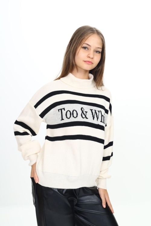 Kız Çocuk Balıkçı Yaka Çizgi Desenli Triko Kazak Mnx3014