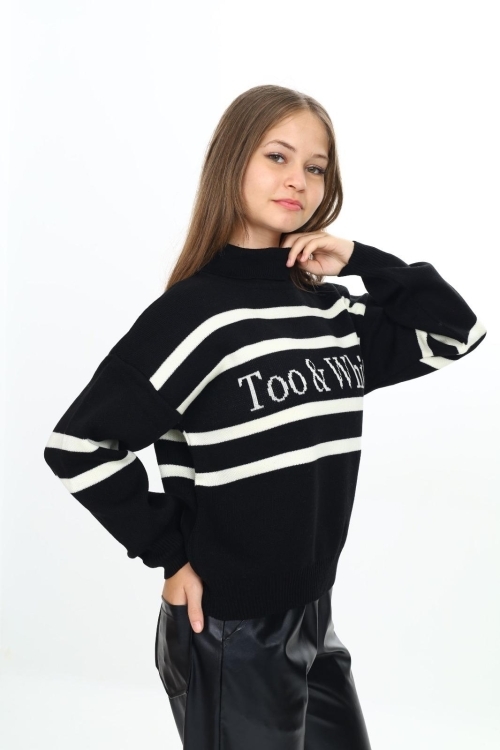 Kız Çocuk Balıkçı Yaka Çizgi Desenli Triko Kazak Mnx3014