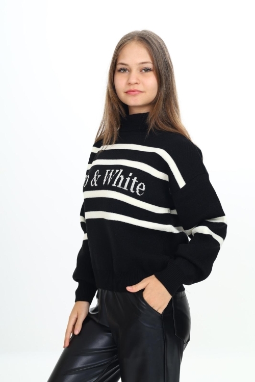 Kız Çocuk Balıkçı Yaka Çizgi Desenli Triko Kazak Mnx3014