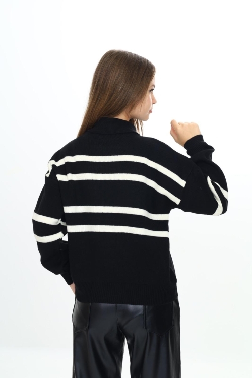 Kız Çocuk Balıkçı Yaka Çizgi Desenli Triko Kazak Mnx3014