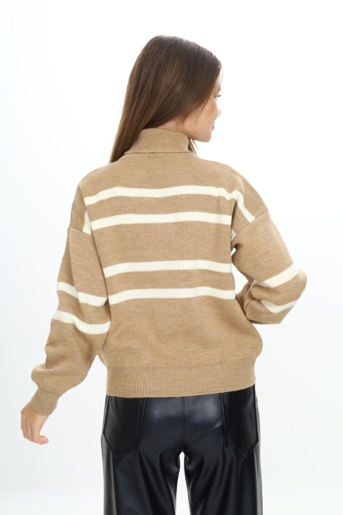 Kız Çocuk Balıkçı Yaka Çizgi Desenli Triko Kazak Mnx3014