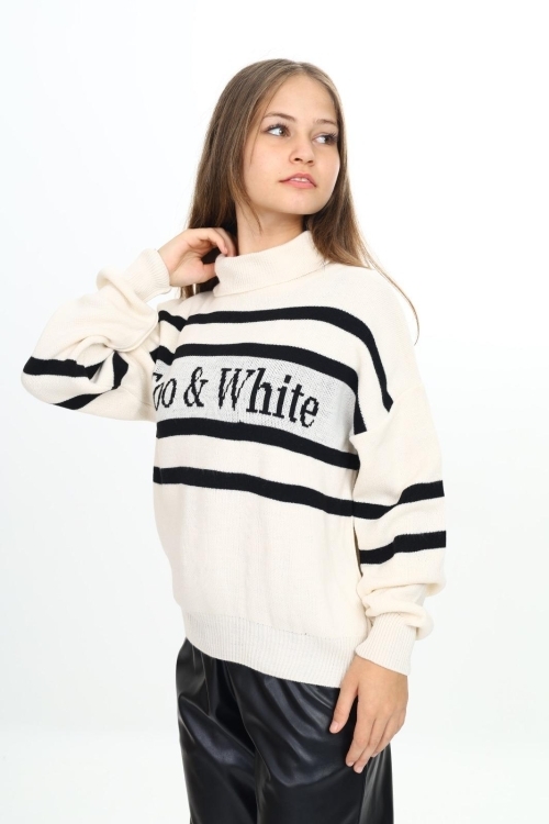 Kız Çocuk Balıkçı Yaka Çizgi Desenli Triko Kazak Mnx3014