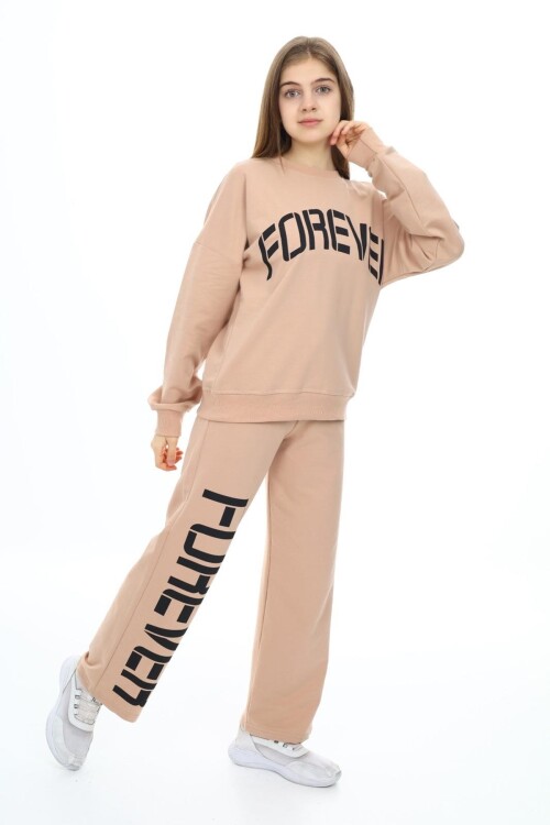 Kız Çocuk Forever Baskılı Geniş Paçalı 2 İplik Eşofman Takımı Px7122