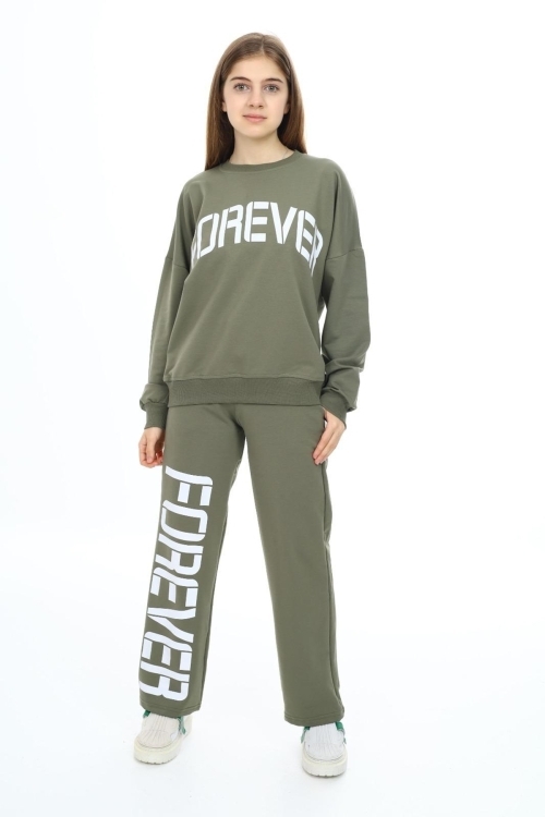 Kız Çocuk Forever Baskılı Geniş Paçalı 2 İplik Eşofman Takımı Px7122