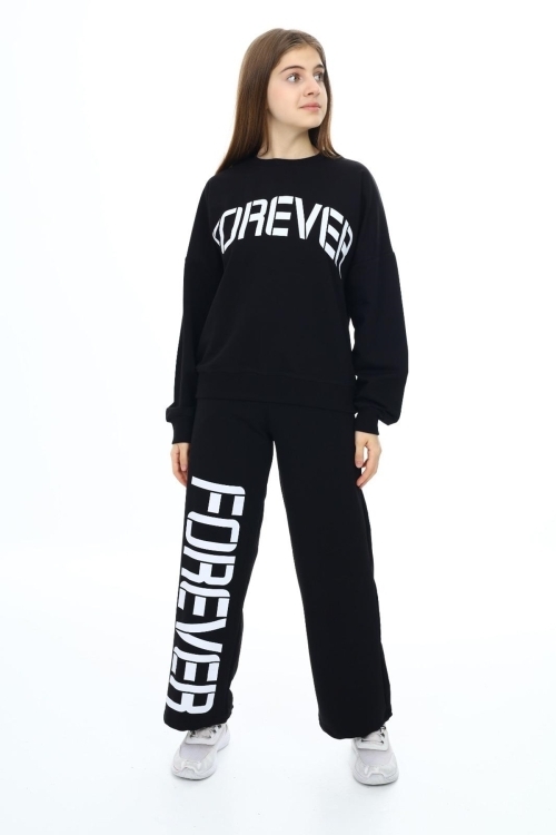 Kız Çocuk Forever Baskılı Geniş Paçalı 2 İplik Eşofman Takımı Px7122