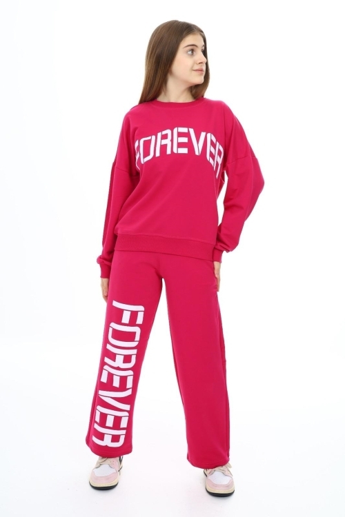 Kız Çocuk Forever Baskılı Geniş Paçalı 2 İplik Eşofman Takımı Px7122