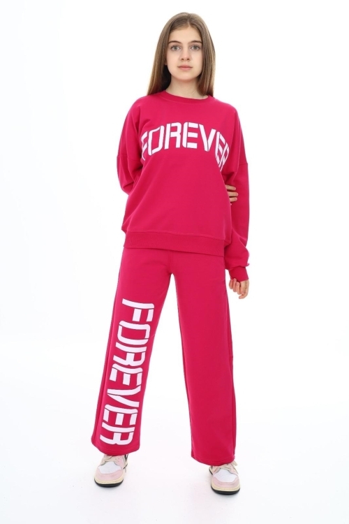 Kız Çocuk Forever Baskılı Geniş Paçalı 2 İplik Eşofman Takımı Px7122