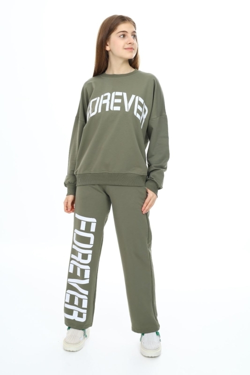 Kız Çocuk Forever Baskılı Geniş Paçalı 2 İplik Eşofman Takımı Px7122