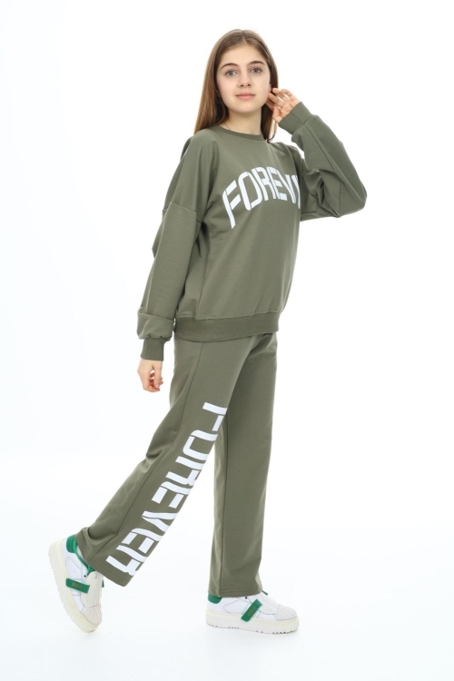 Kız Çocuk Forever Baskılı Geniş Paçalı 2 İplik Eşofman Takımı Px7122